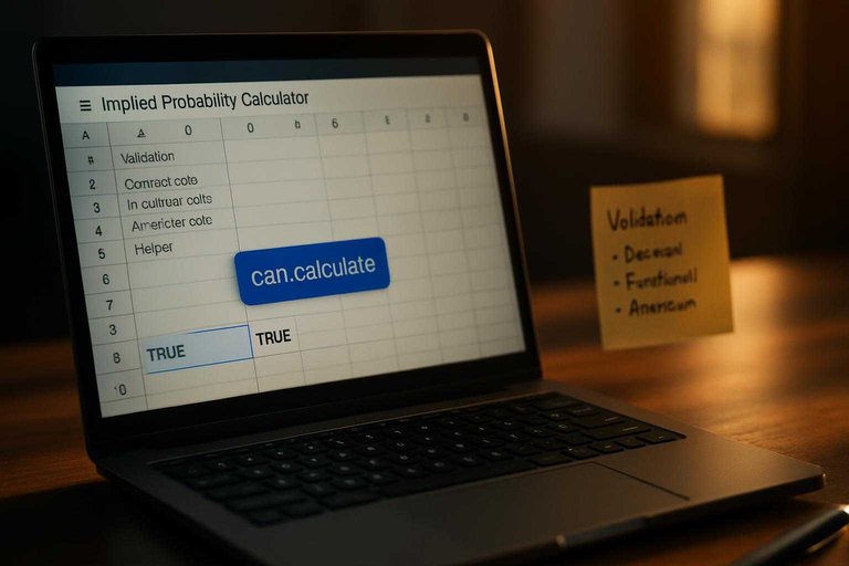 Laptop spreadsheet with validation checks highlighted, showing the blue label "can_calculate" beside TRUE/FALSE cells.