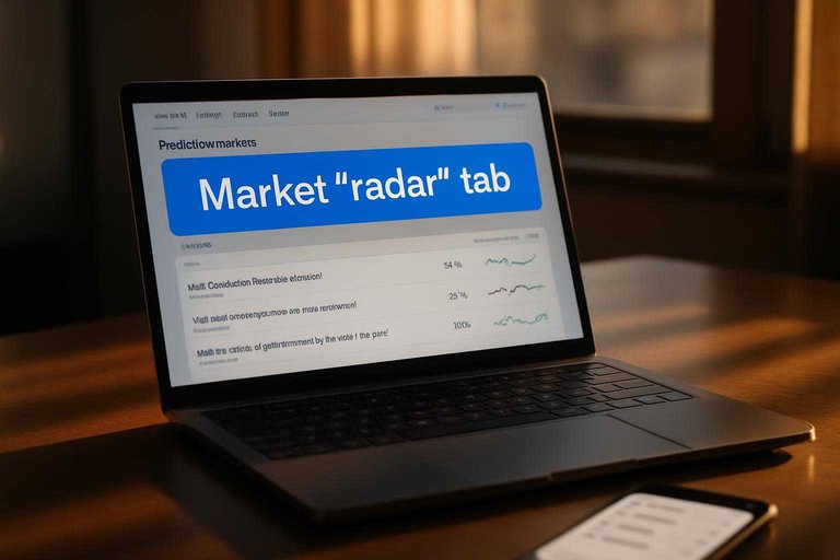 Laptop showing prediction markets list with a blue banner reading “Market “radar” tab” for quick browsing and shortlisting.