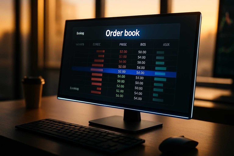Trading desk monitor shows market depth with a blue banner reading "Order book," highlighting bid/ask liquidity.