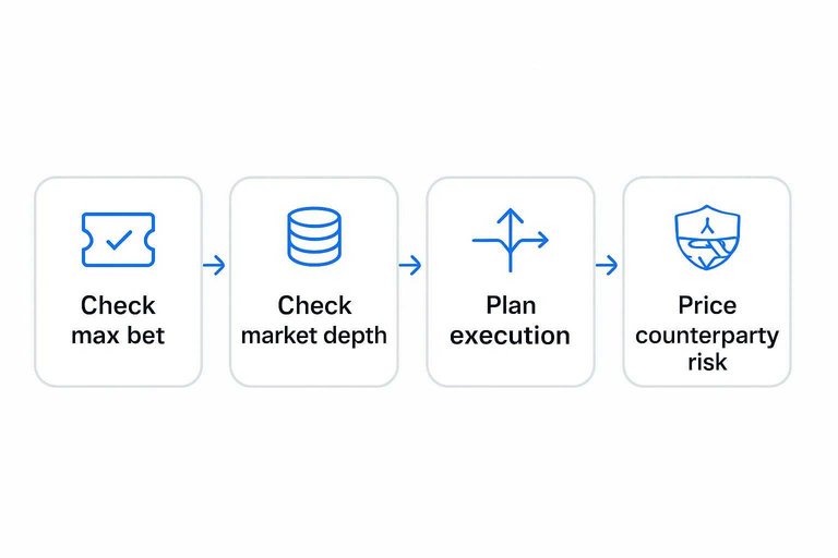 Four-step flow: Check max bet, Check market depth, Plan execution, Price counterparty risk