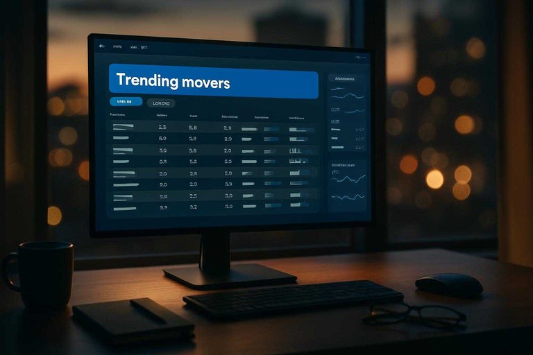 Desk monitor shows price-shopping dashboard with a #3B82F6 banner reading "Trending movers" and odds columns
