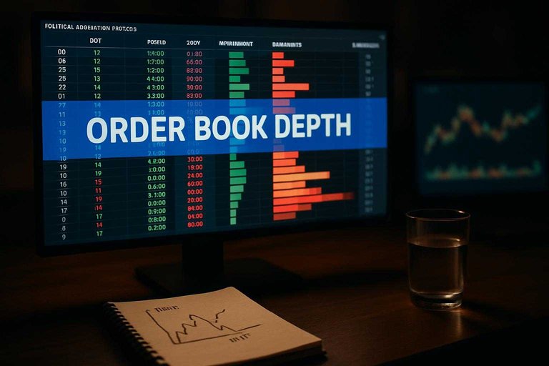Trading desk monitor with order book ladder and blue banner reading 'ORDER BOOK DEPTH' over depth and imbalance view