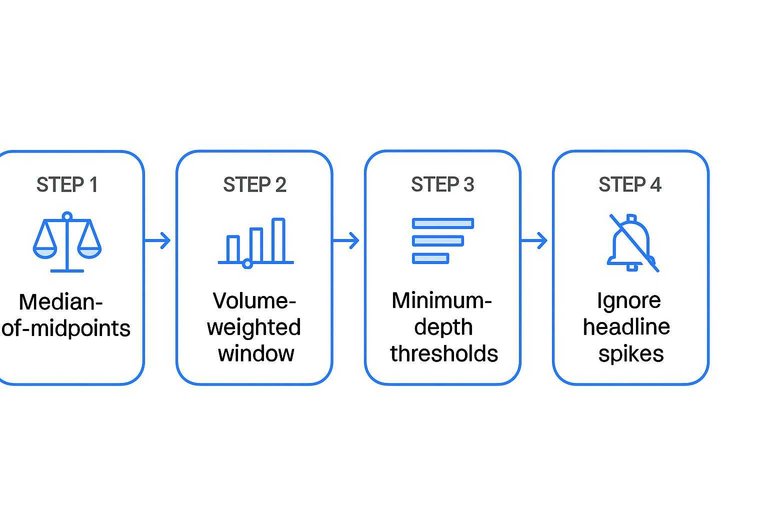 Four-step filter flow: Median-of-midpoints, Volume-weighted window, Minimum-depth thresholds, Ignore headline spikes