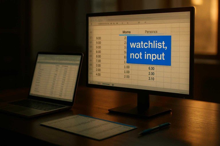 Desk setup with odds-tracking sheet on monitor, blue label reading “watchlist, not input” for source vetting.