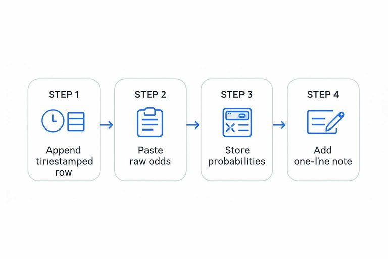 Four-step flow: Append timestamped row, Paste raw odds, Store probabilities, Add one-line note