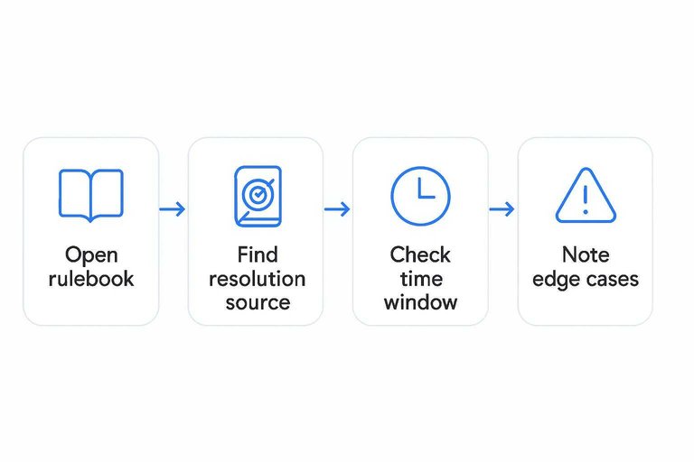 Four-step flow: Open rulebook, Find resolution source, Check time window, Note edge cases connected by arrows
