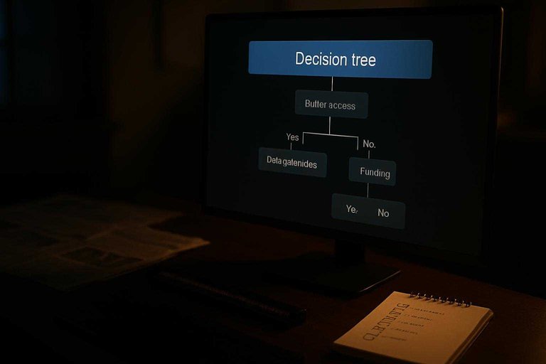 Trading desk monitor shows a blue-highlighted flowchart labeled 'Decision tree' beside blurred news clippings and ticker tape.