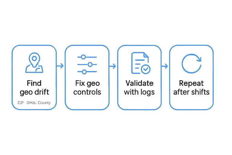 Four-step flow: Find geo drift, Fix geo controls, Validate with logs, Repeat after shifts with arrows
