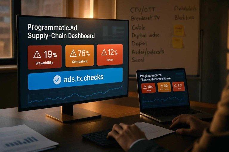 Media-buying dashboard with blue banner reading “ads.txt checks,” highlighting verified inventory and placement controls.