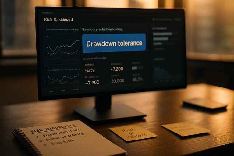 Trading desk risk dashboard with blue-highlighted label “Drawdown tolerance,” suggesting choosing tools by risk style.