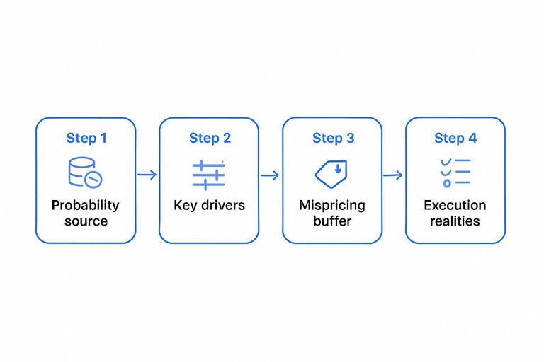 Four-step flow: Probability source, Key drivers, Mispricing buffer, Execution realities connected by arrows