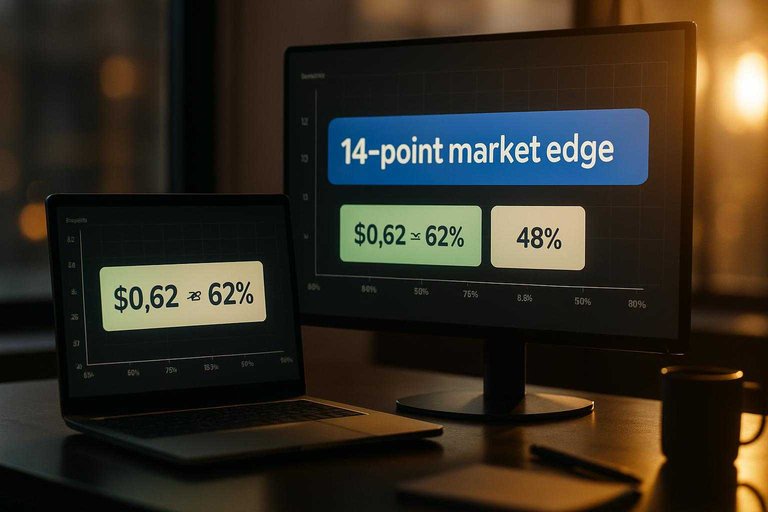 Trader-style desk with monitor showing “14-point market edge” beside prices $0.62≈62% and 48% on a dashboard