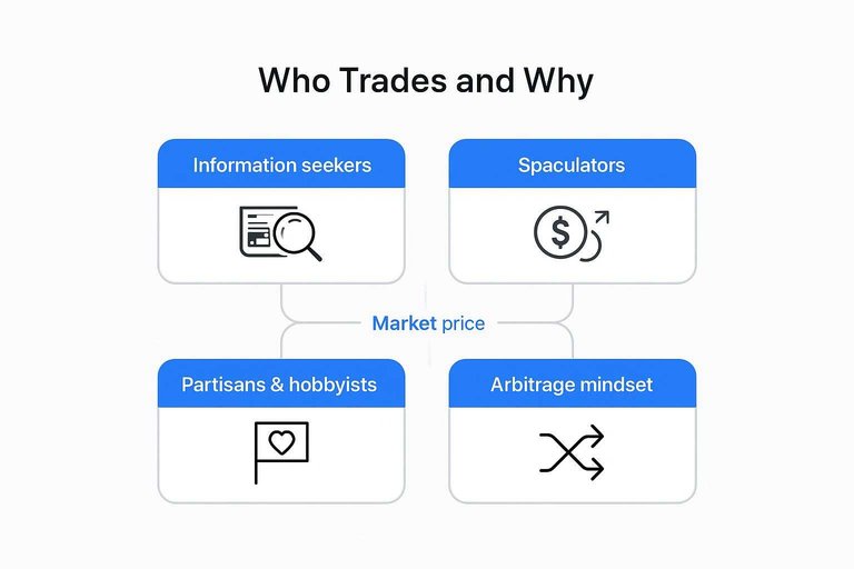 Market price linked to four trader types: Information seekers, Speculators, Partisans & hobbyists, Arbitrage mindset