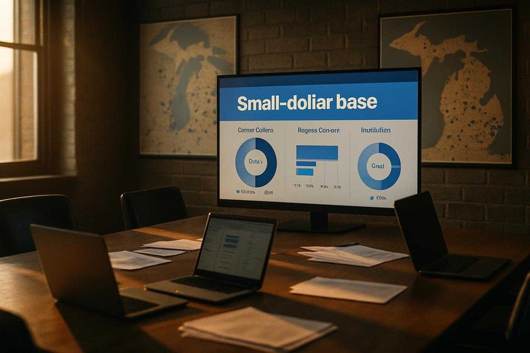 Fundraising war room dashboard with Michigan donor source mix charts highlighted in blue and text “Small-dollar base”