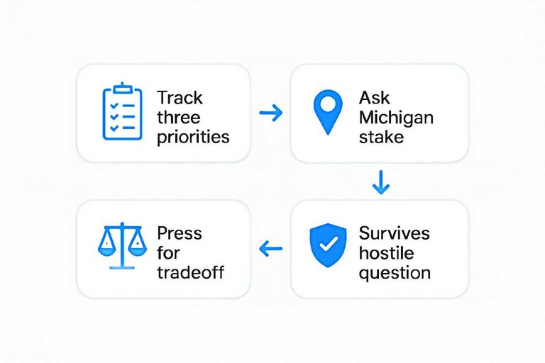 Four-step flow: Track three priorities, Ask Michigan stake, Press for tradeoff, Survives hostile question
