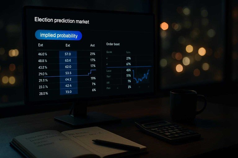 Trading dashboard on a monitor labeled "Implied probability" with blue-highlighted order book and volatility panel