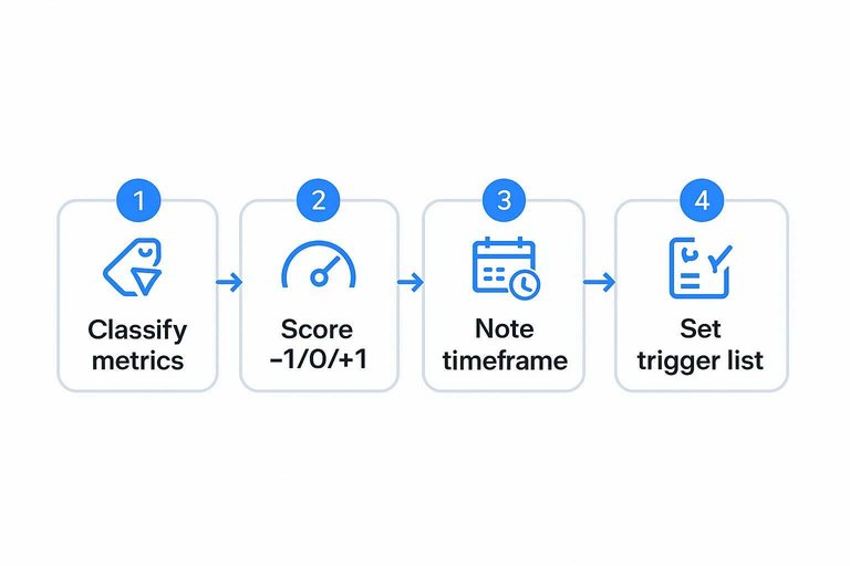 Four-step flow: Classify metrics, Score -1/0/+1, Note timeframe, Set trigger list connected by arrows