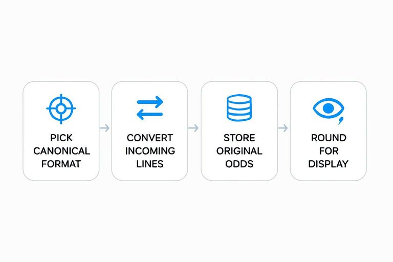 Four-step flow: Pick canonical format, Convert incoming lines, Store original odds, Round for display