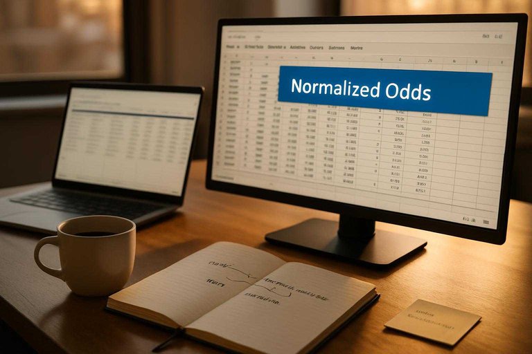 Analyst desk with spreadsheet tracker on monitor, #3B82F6 label reading "Normalized Odds" as the active tab.