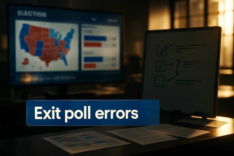 Newsroom election dashboard with blue lower-third reading "Exit poll errors" beside maps and reporting checklists