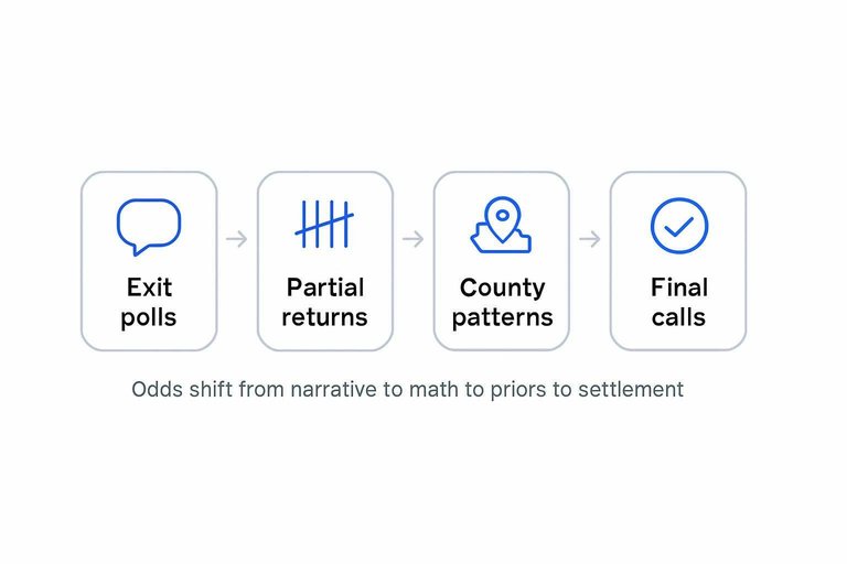 Four-step flow: Exit polls, Partial returns, County patterns, Final calls connected by arrows