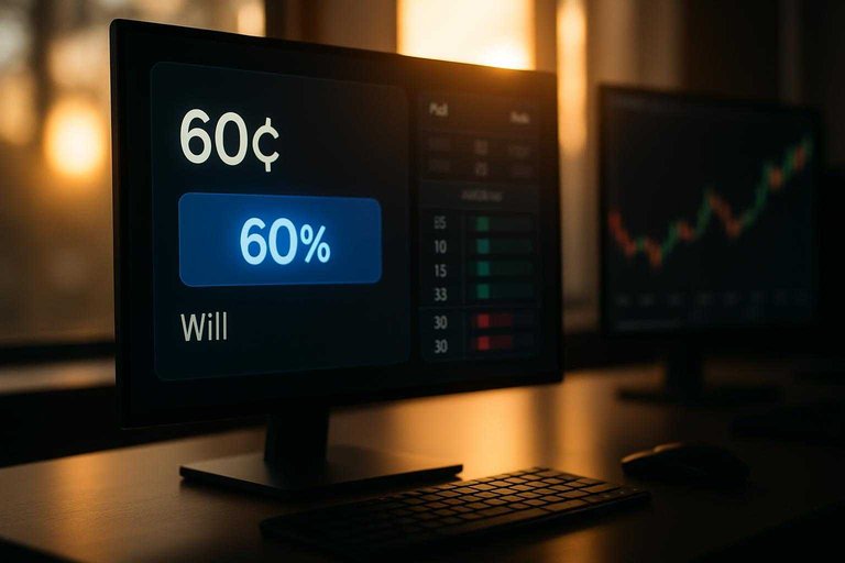 Trader desk monitor shows prediction market price “60¢” with a blue “60%” overlay and visible order book depth.
