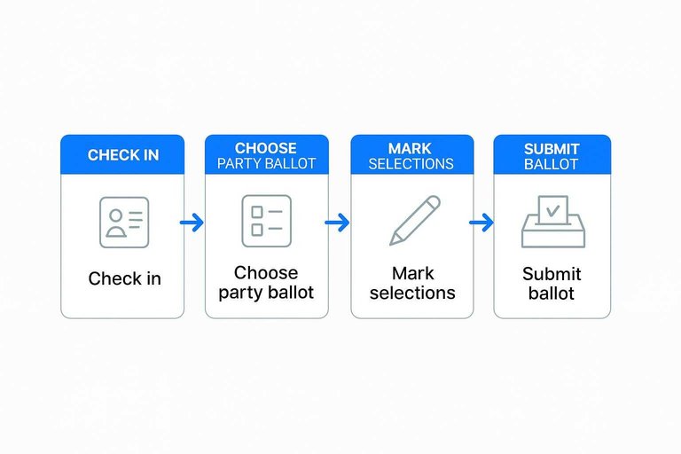 Four-step voting process: Check in, Choose party ballot, Mark selections, Submit ballot with arrows
