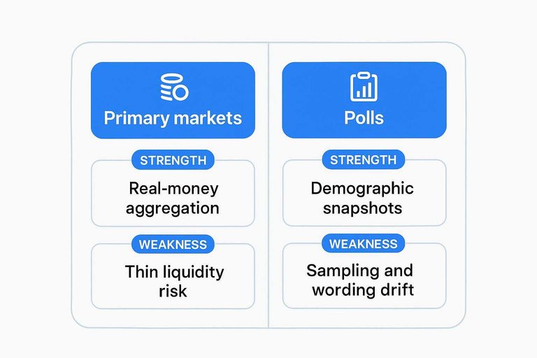 Side-by-side comparison: Primary markets vs Polls with rows Strength and Weakness and brief notes in each column