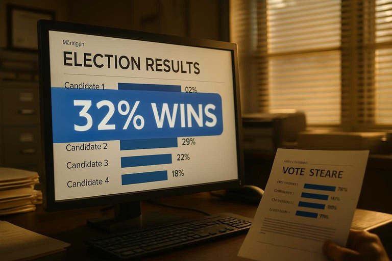 Election-night results screen with blue banner reading “32% wins,” showing a four-candidate plurality vote split.