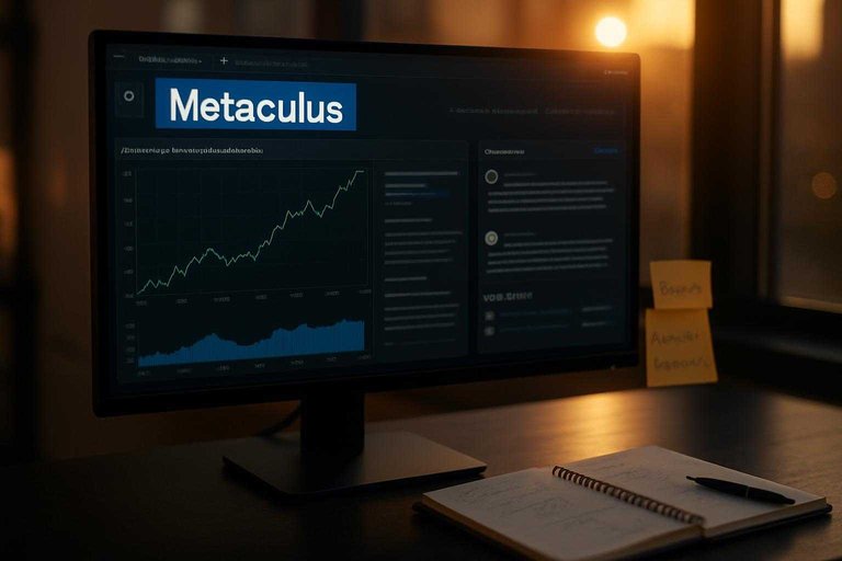 Trading desk monitor showing research dashboard with a blue-highlighted tab labeled 'Metaculus' for forecasting context