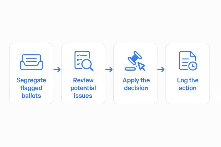 Four-step adjudication flow: Segregate flagged ballots, Review potential issues, Apply the decision, Log the action