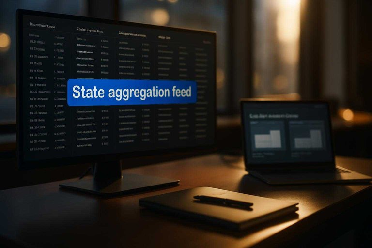 Newsroom desk with election dashboard, blue banner text reading “State aggregation feed” beside feed comparison panels