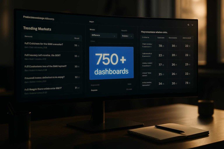 Ultrawide monitor showing markets discovery UI with filters and a blue banner reading “750+ dashboards”