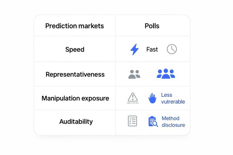 Polls vs prediction markets comparison across Speed, Representativeness, Manipulation exposure, and Auditability