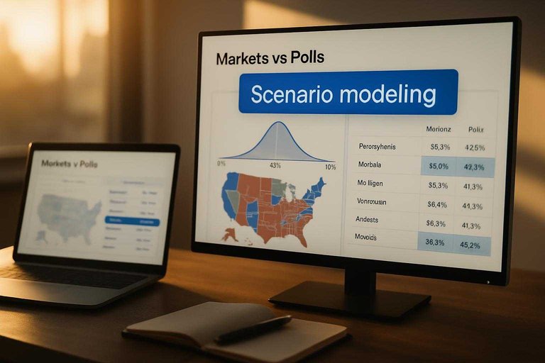 Monitor comparing markets vs polls with blue-highlighted tab reading “Scenario modeling” above map and probability charts