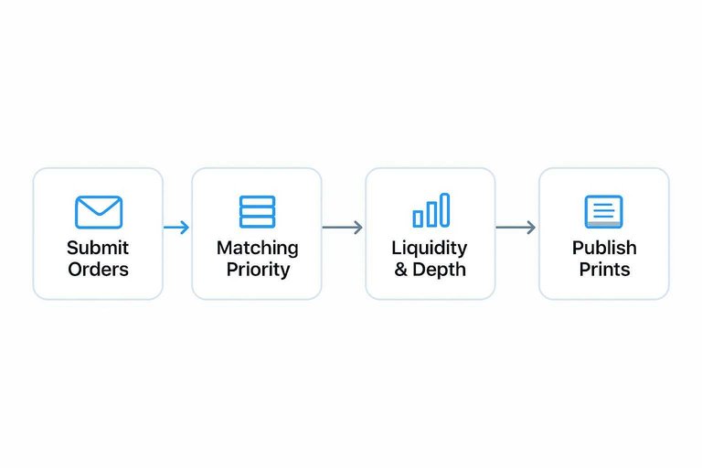 Four-step flow: Submit Orders → Matching Priority → Liquidity & Depth → Publish Prints with arrows