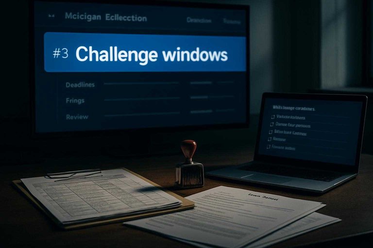Election office desk and monitor showing the blue-highlighted text "Challenge windows" amid ballot access paperwork