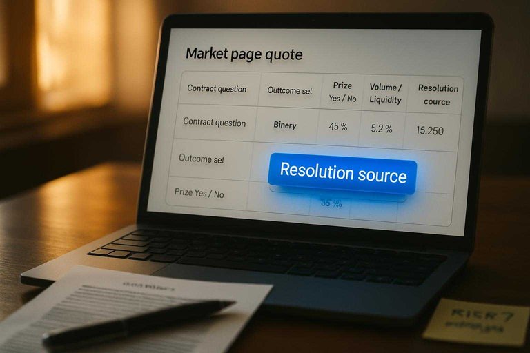 Laptop showing a market quote table with the row highlighted and a blue label reading “Resolution source”