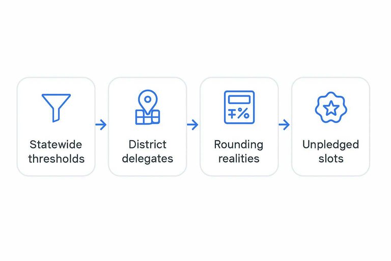 Four-step flow: Statewide thresholds → District delegates → Rounding realities → Unpledged slots