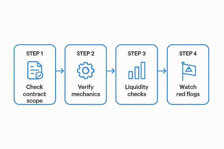 Four-step flow: Check contract scope, Verify mechanics, Liquidity checks, Watch red flags with arrows
