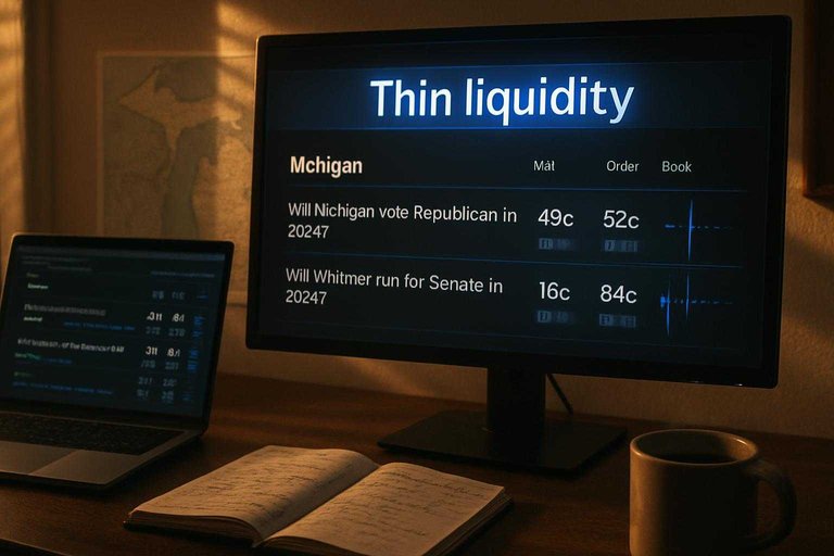 Monitor shows a prediction market interface with a #3B82F6 banner reading 'Thin liquidity' and sparse volume bars