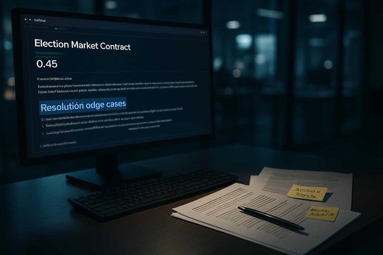 Trading desk with contract window highlighting “Resolution edge cases” in blue, emphasizing election market wording risks