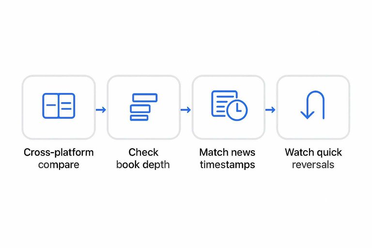 Four-step check: Cross-platform compare, Check book depth, Match news timestamps, Watch quick reversals
