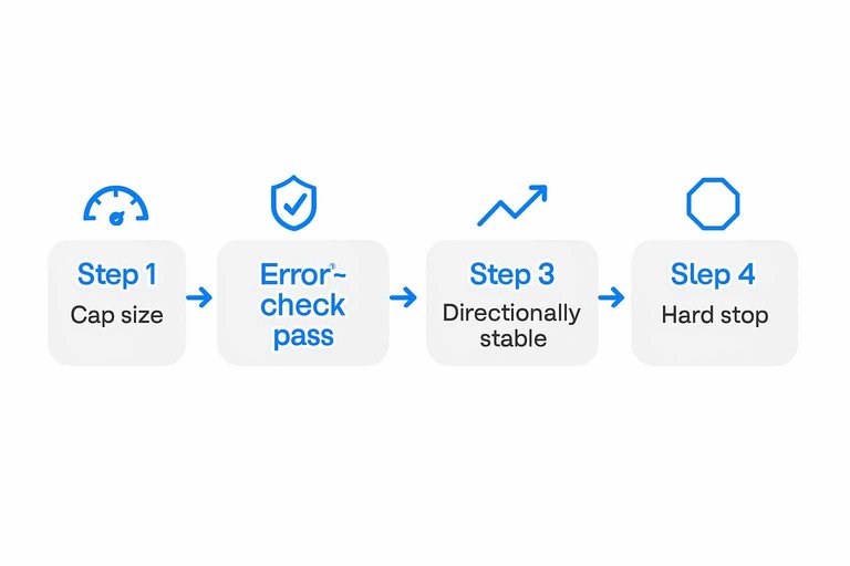 Four-step trading fix flow: Cap size, Error-check pass, Directionally stable, Hard stop with arrows