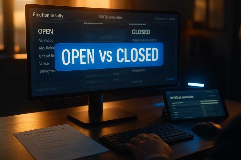 Trader workspace with election dashboard highlighting “OPEN VS CLOSED” in blue beside a rules checklist