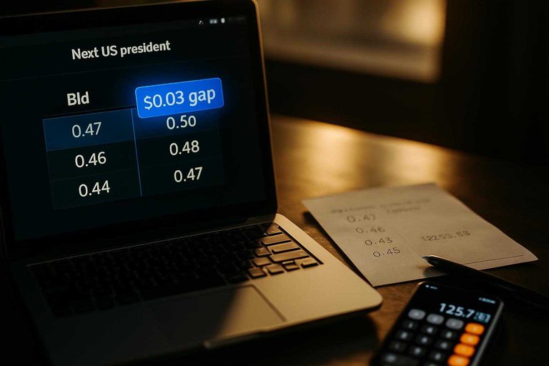 Laptop order book and worksheet highlighting the executable spread with a blue callout reading “$0.03 gap”.