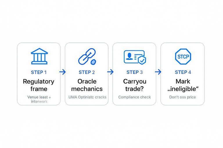 Four-step flow: Regulatory frame, Oracle mechanics, Can you trade?, Mark “ineligible” connected by arrows