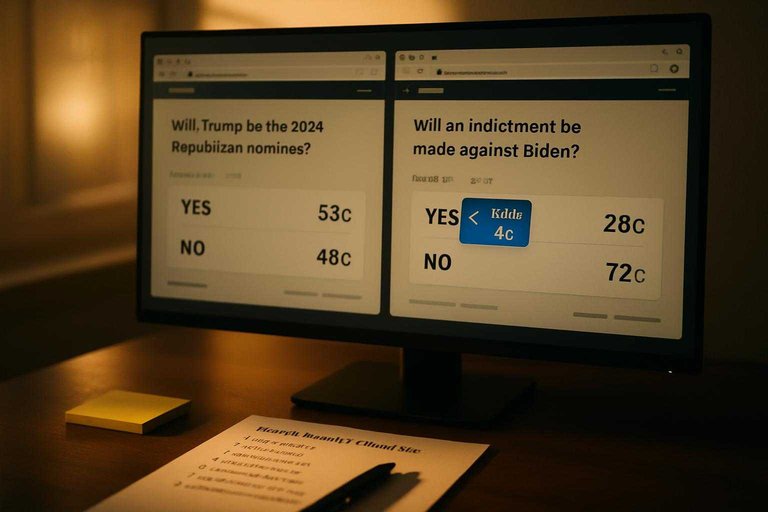 Two market pages on a monitor with a blue callout reading “Kalshi 4¢” beside a match-quality checklist.