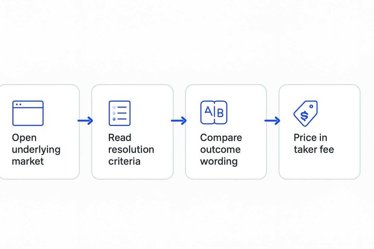 Four-step flow: Open underlying market, Read resolution criteria, Compare outcome wording, Price in taker fee