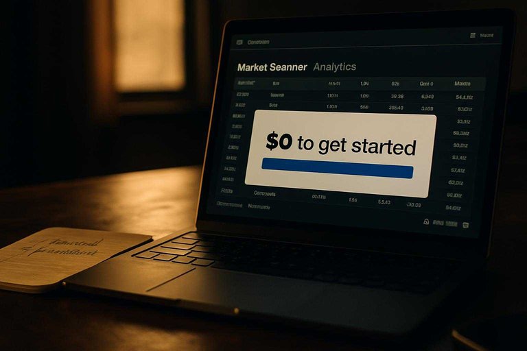 Moody trading desk scene with laptop disclosure card highlighted in blue reading “$0 to get started” to stress incentives.
